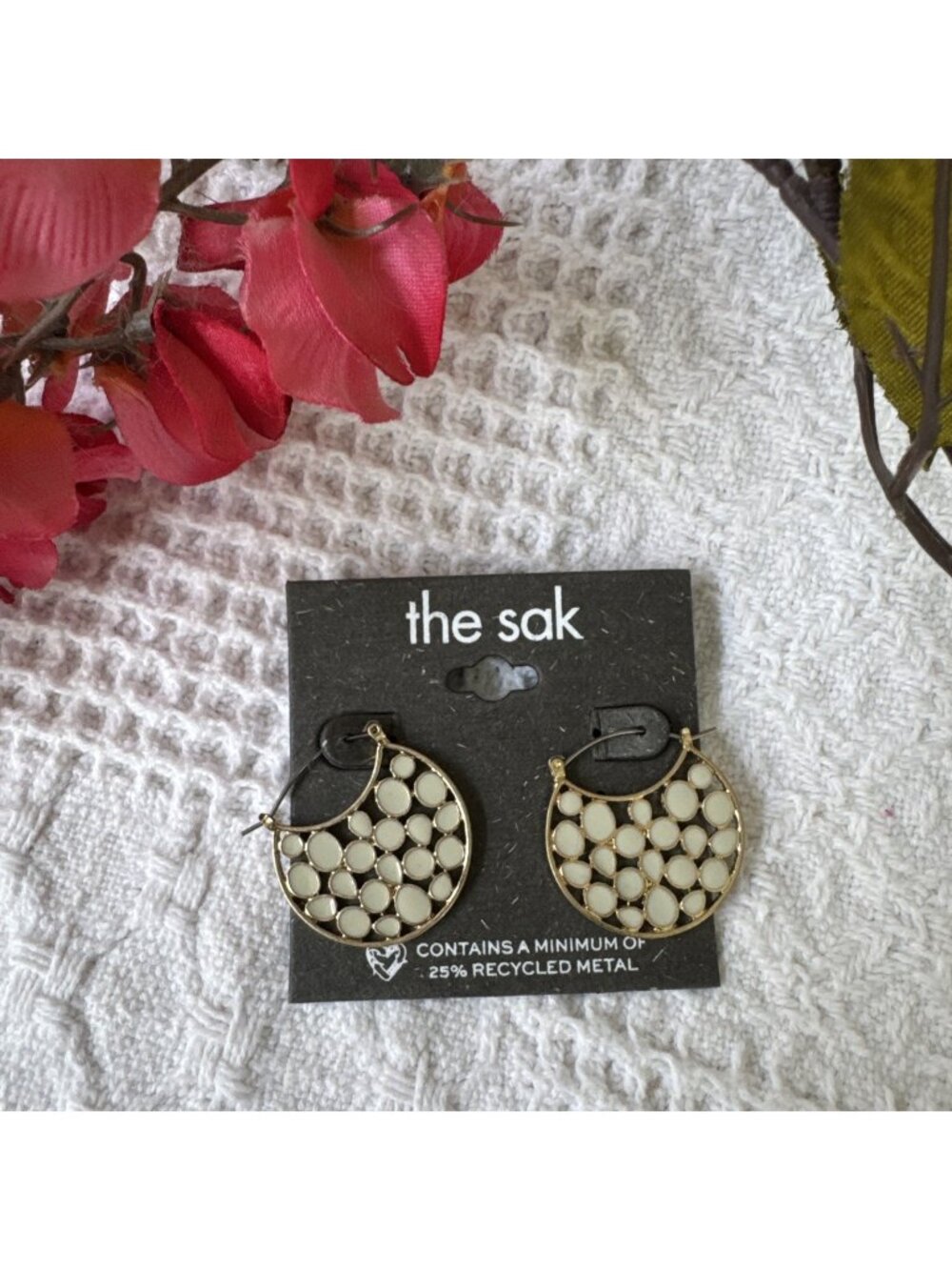 NWT THE SAK Gold Tone & Cream Bubbles Bohemian Drop Hoop Dangle 1.5" Earrings